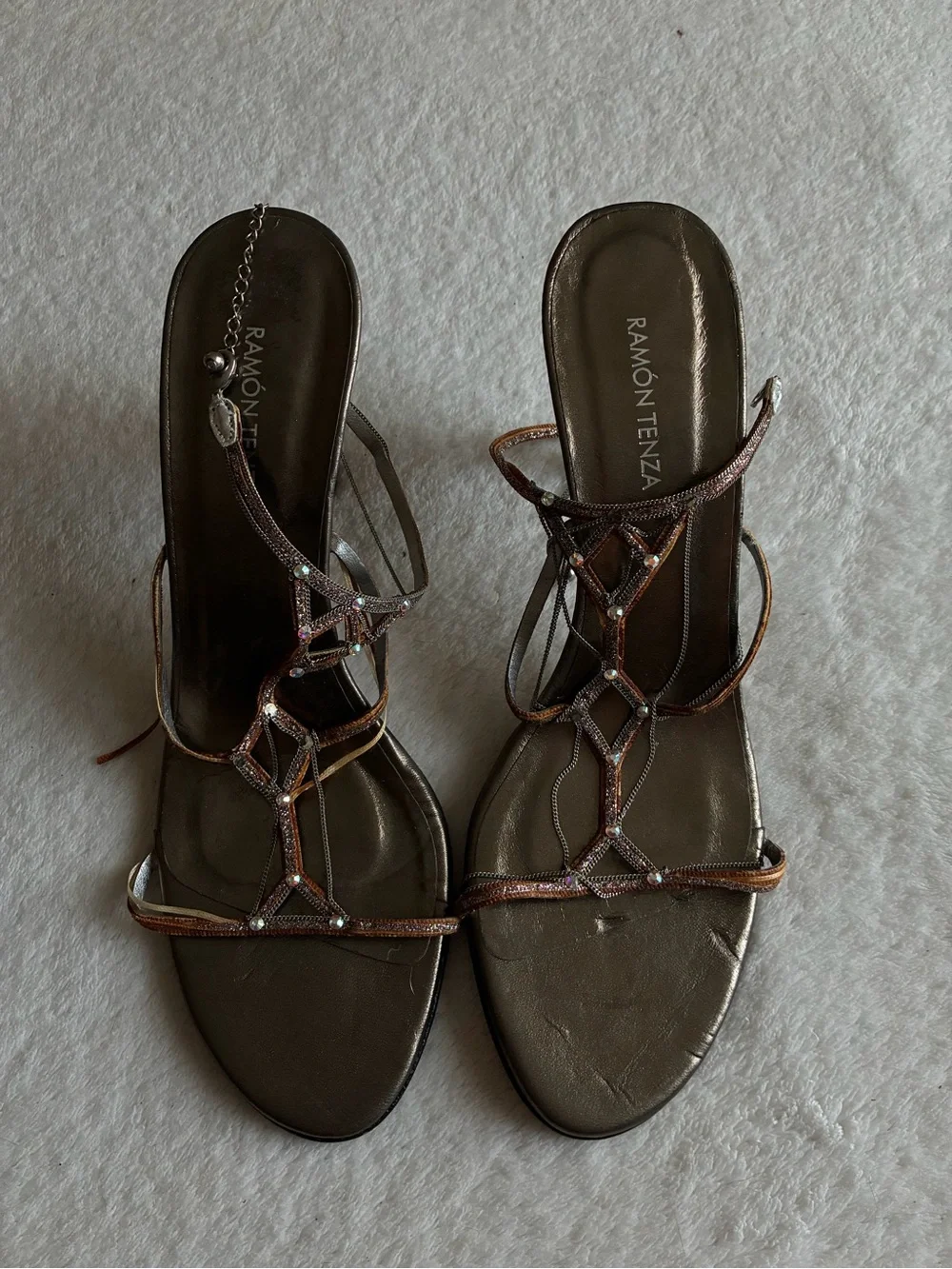 Ramon Tenza Metallic Bronze Strappy Gem Embellished Heels